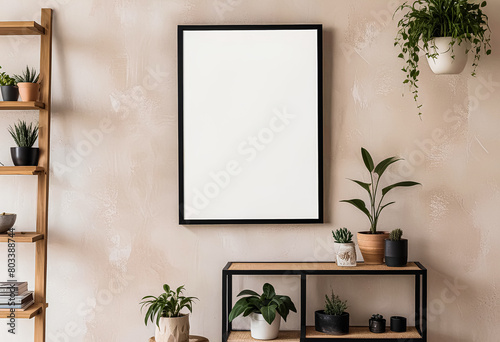Interior design of living room with poster mockup frame, shelf, cacti, plant, books, camera, wooden ladder and elegant personal accessories. Stylish home decor. Grunge wall. Template. Generative AI.