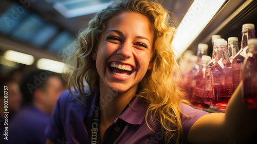 A flight attendant juggling mini liquor bottles in the airplane galley. photo