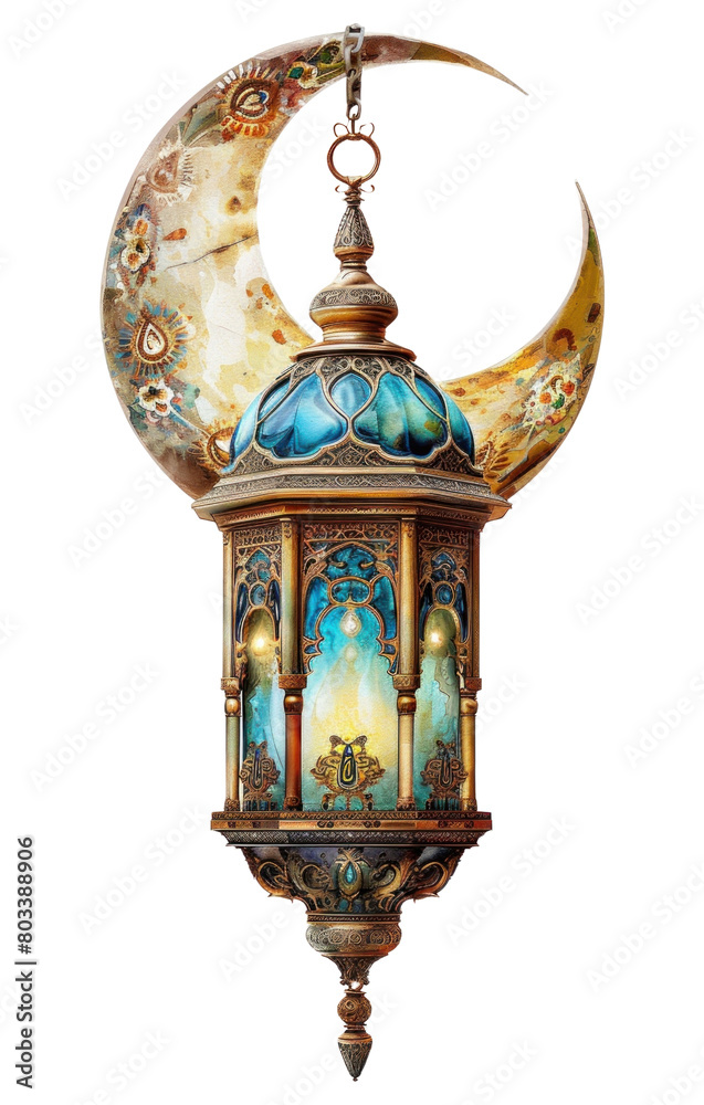 PNG  A Golden ramadan Lantern with Moon Crescent behind lantern lamp white background.