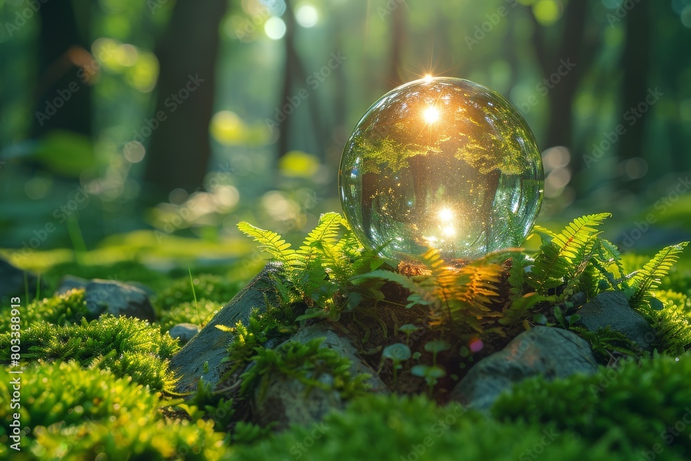 Mystical scene of a transparent orb reflecting the forest landscape, symbolizing clarity and nature's magic Mystical scene of a transparent orb reflecting the forest landscape, symbolizing clarity and nature's magic