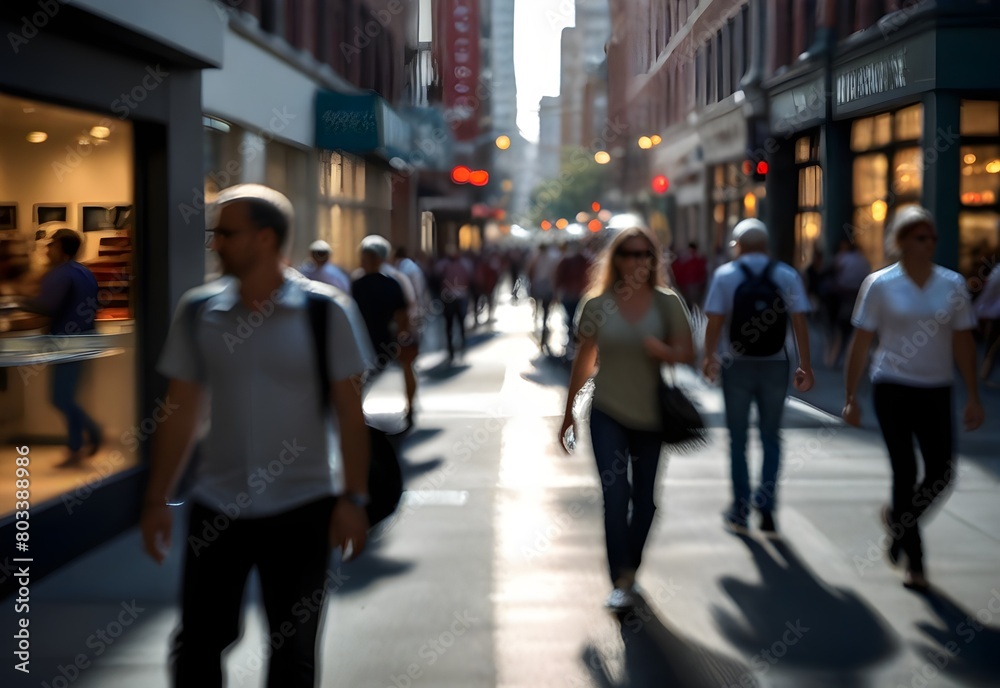 A downtown shopping district, with blurred window shoppers and commuters merging into the storefronts, generative AI