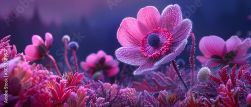   A tight shot of a pink blossom amidst a sea of purple blooms, framed by a purplish sky photo