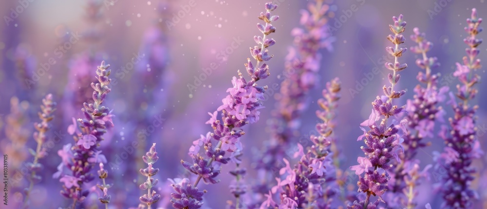 A tight shot of several blooms with a hazy, purplish backdrop of flowers and a soft, pinkish backdrop of blossoms in the foreground A tight shot of several blooms with a hazy, purplish backdrop of flowers and a soft, pinkish backdrop of blossoms in the foreground