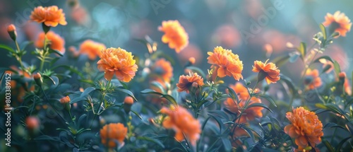  flowers dot the landscape with vibrant hues, their orange petals contrasting against dark-green leaves Above, a clear blue sky stretches end © Jevjenijs