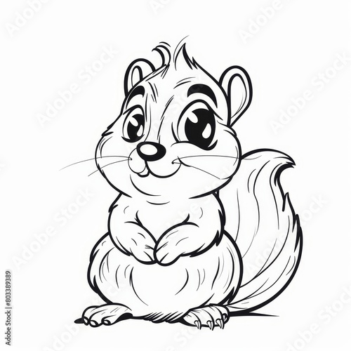   A sad-faced squirrel in black and white, depicted sitting on its haunches