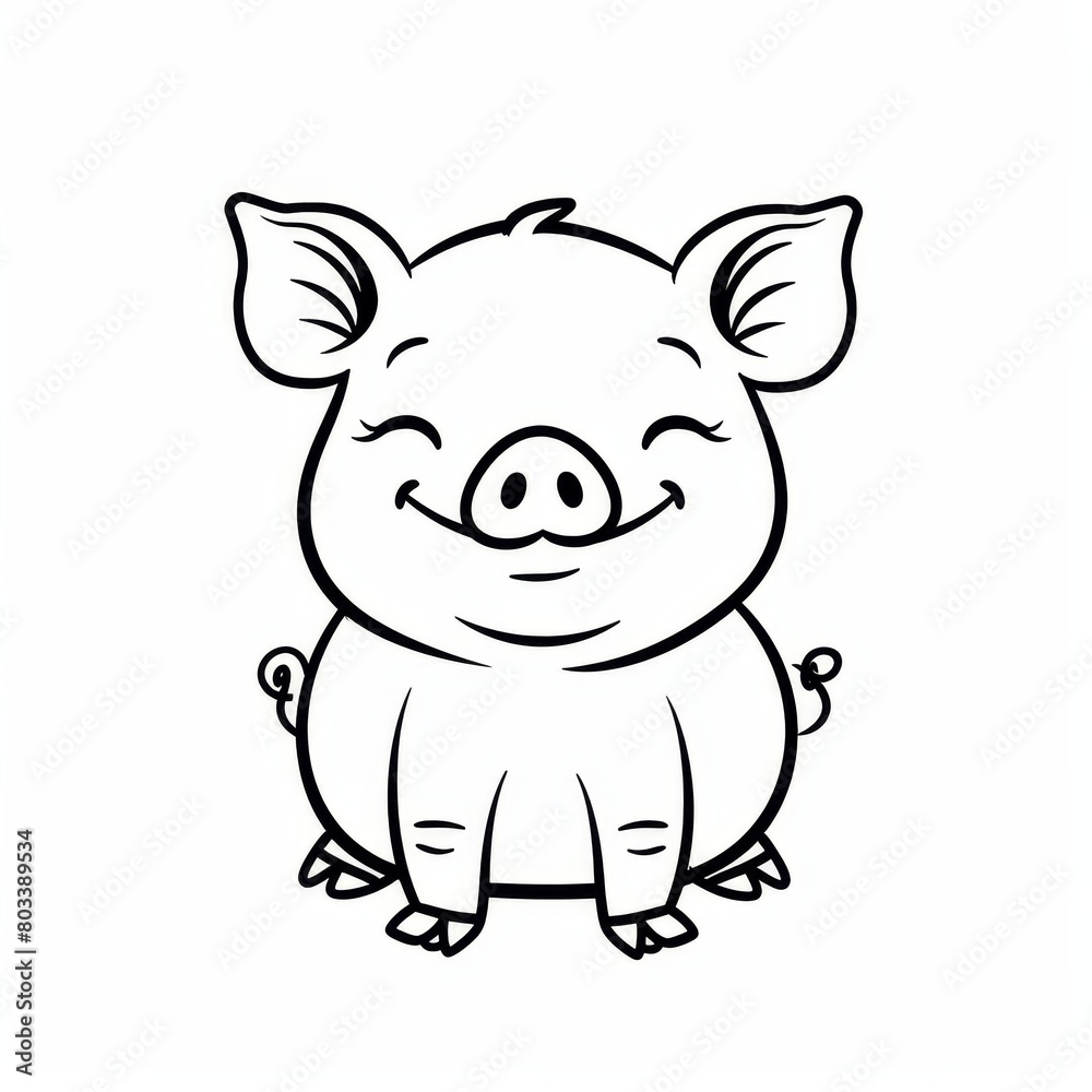 A black-and-white drawing of a pig smiling broadly, seated against a white backdrop A black-and-white drawing of a pig smiling broadly, seated against a white backdrop