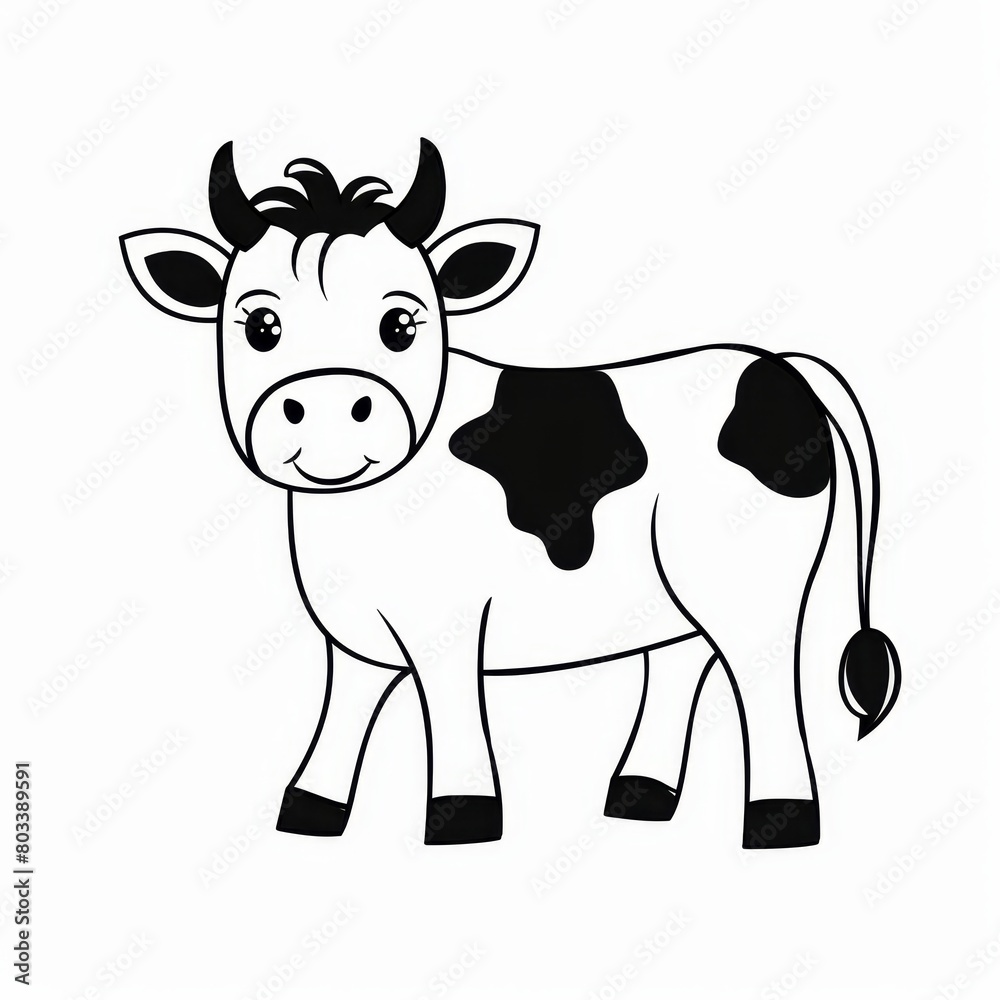   A black-and-white cow against a white backdrop, outlined in black