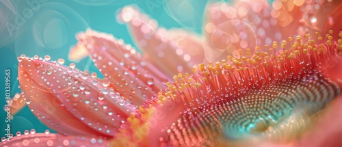   Close-up of a pink flower with dewdrops on petals, against a blue backdrop © Jevjenijs