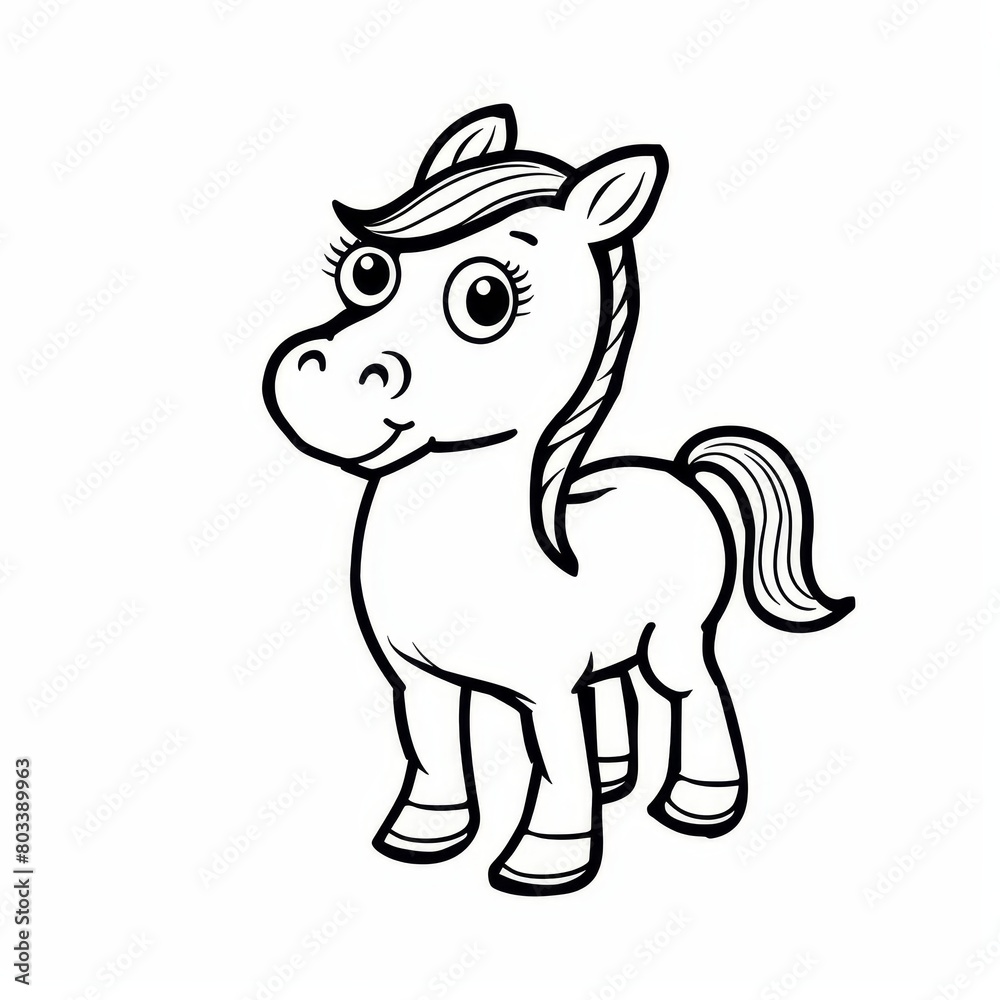   A cartoon horse wearing a hat and smiling, outlined in black and white