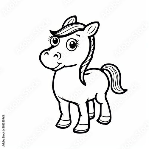   A cartoon horse wearing a hat and smiling  outlined in black and white