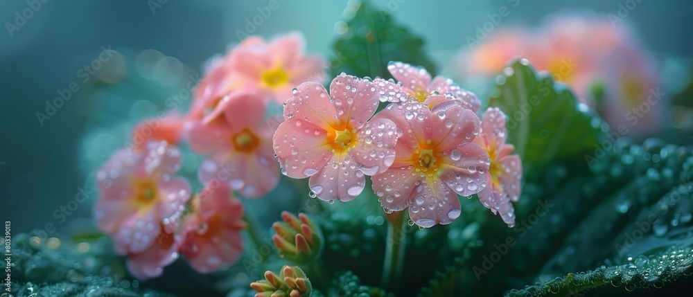   A tight shot of pink blossoms, featuring water beads on their petals, and emerald leaves against a backdrop of azure sky