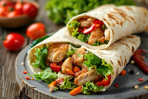 Tortilla wrap with chicken and fresh vegetables on board on wooden table
