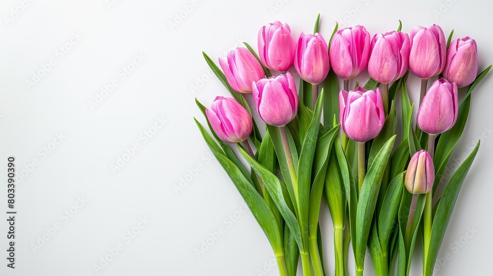 A dozen pink tulips against white backdrop, long green stems included A dozen pink tulips against white backdrop, long green stems included