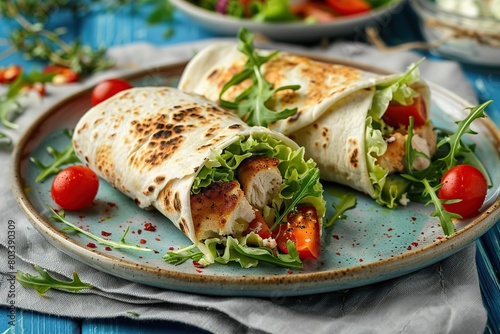 Tortilla wrap with chicken and fresh vegetables in plate on wooden table