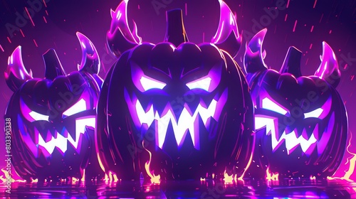   A collection of Halloween pumpkins with glowing eyes and toothy grins against a purple backdrop, dripping with a splash of water photo