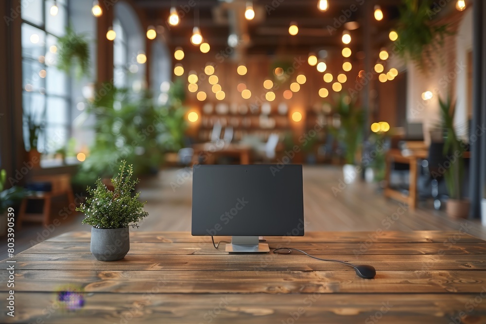 A contemporary office setup with a sleek monitor and potted plant on a wooden desk, warmly illuminated by hanging Edison bulbs A contemporary office setup with a sleek monitor and potted plant on a wooden desk, warmly illuminated by hanging Edison bulbs