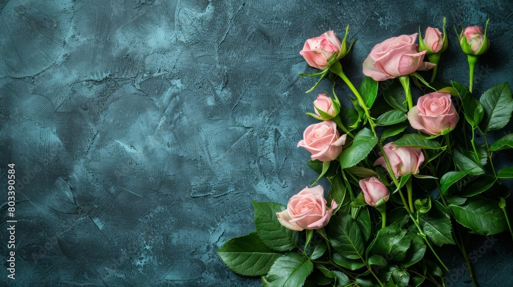 A bouquet of pink roses with verdant leaves against a blue backdrop Text space on the image's left side A bouquet of pink roses with verdant leaves against a blue backdrop Text space on the image's left side