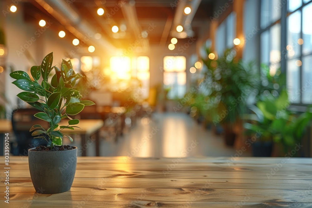 A sun-drenched office space with a large window, showcasing a lush green potted plant on a wooden table A sun-drenched office space with a large window, showcasing a lush green potted plant on a wooden table