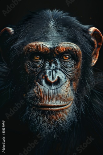   A monkey's face in tight focus, eyes intense, against a black backdrop © Jevjenijs