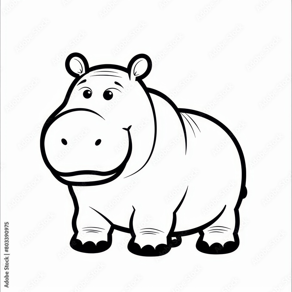   A black-and-white drawing of a hippo, smiling, before a white backdrop