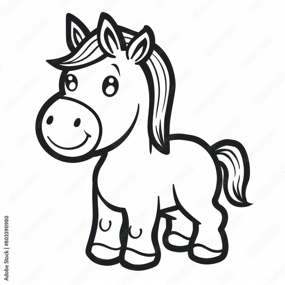   A black-and-white drawing of a smiling horse against a white backdrop Its long mane frames the image