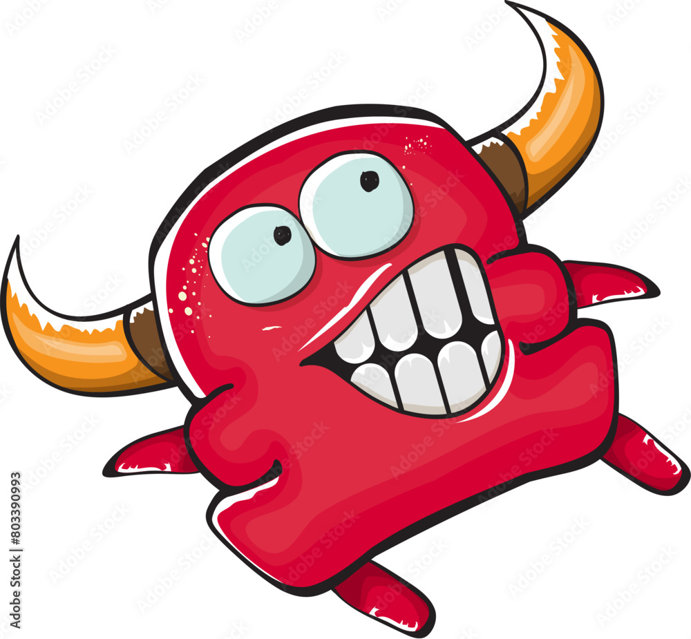 Obraz premium Vector cartoon funny red monster with mouth, eyes and horn isolated on white background. Smiling red cartoon monster print sticker design template. Ghost, troll, gremlin, goblin, devil and monster
