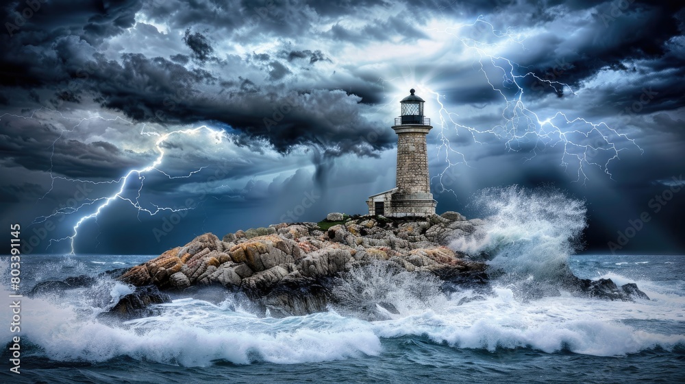 a lighthouse standing resilient on a remote island, illuminated by the stark contrast of lightning bolts during a thunderstorm.