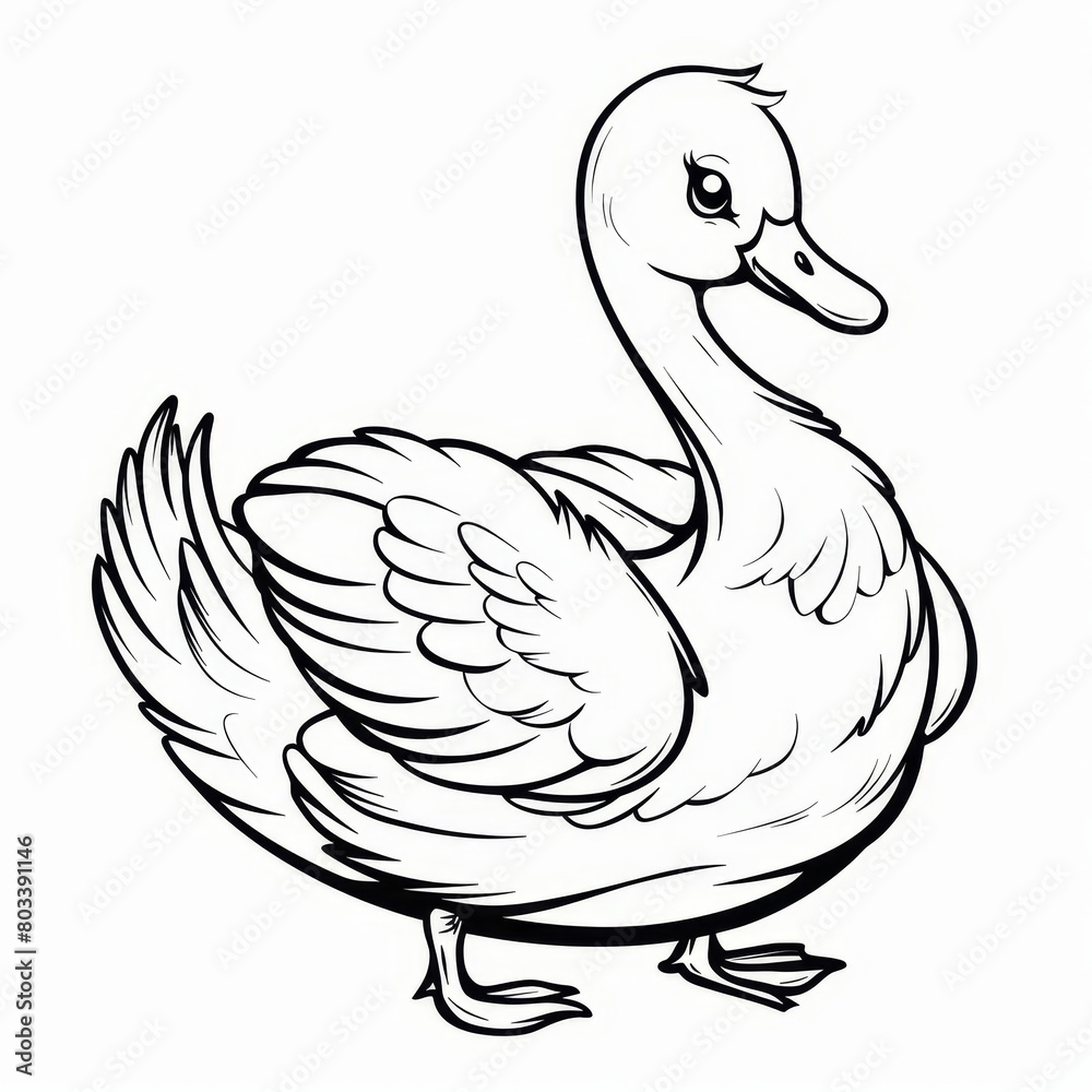 A black-and-white drawing of a duck with an elongated neck and legs against a white backdrop A black-and-white drawing of a duck with an elongated neck and legs against a white backdrop