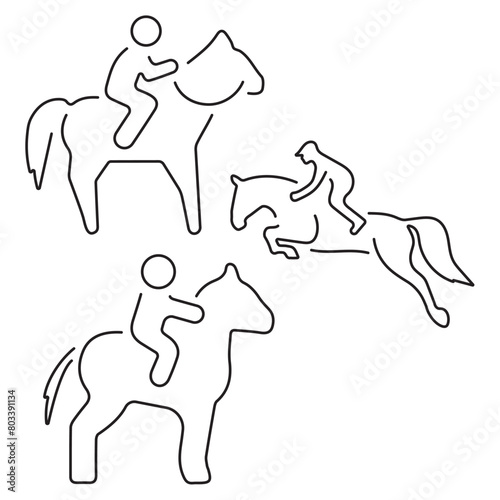 horseback riding group of black icons on a white background. Vector illustration.