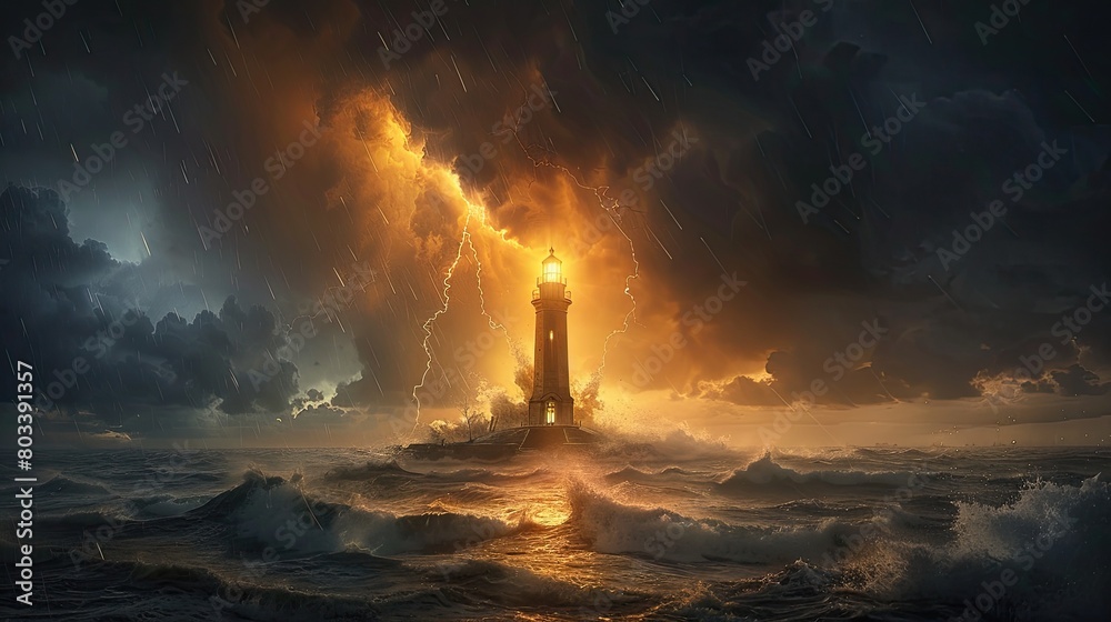 a lighthouse standing resilient on a remote island, illuminated by the stark contrast of lightning bolts during a thunderstorm.