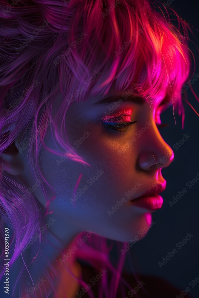   A woman's face, eyes emitting pink and blue light, hair billowing in wind