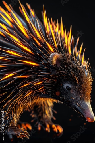   A porcupine in tight focus, sporting orange and black stripes on its face and tail, against a pitch-black backdrop photo
