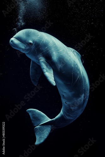   A blue whale swimming in the ocean, emitting bubbles from its mouth