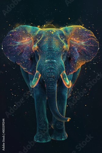   Digital painting of an elephant s head adorned with colorful lights on its ears and tusks