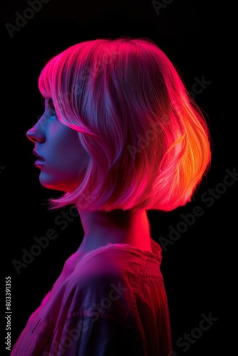   A tight shot of a person's face illuminated by pink and blue lights beside their head © Jevjenijs