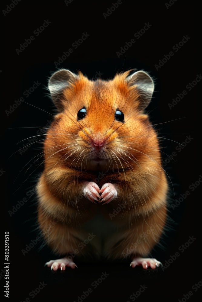 A hamster, smiling, closely faces the camera against a black backdrop A hamster, smiling, closely faces the camera against a black backdrop