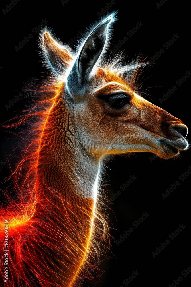 Naklejka premium A tight shot of a giraffe's head displays red and orange stripes across its face