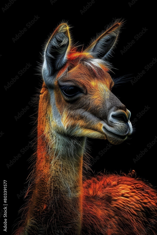 Fototapeta premium A giraffe's face in tight focus against a black backdrop Blurred depiction of its head above