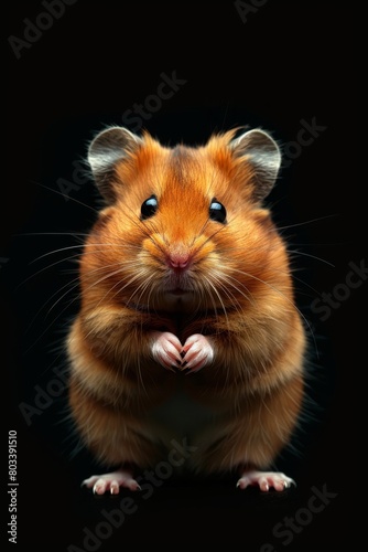   A hamster  smiling  closely faces the camera against a black backdrop