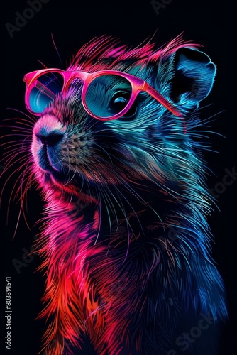   A narrow shot of a small animal wearing spectacles against a black backdrop, surrounded by splashes of red, blue, and pink hues © Jevjenijs