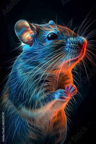   A tight shot of a rat against a black backdrop, its mouth emitting radiant red, orange, and blue light © Jevjenijs