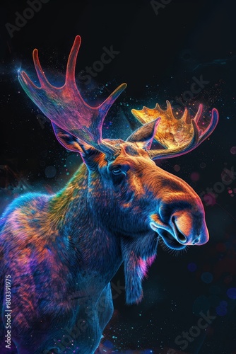   A painting of a moose's head with a glowing antler adornment