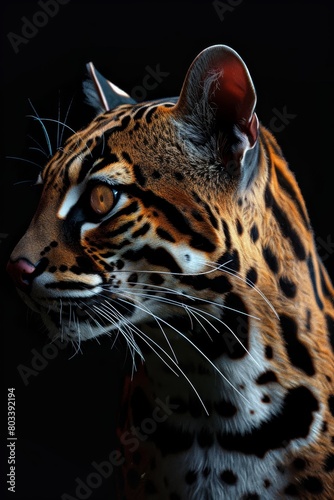   A leopard s face in close-up against a black backdrop  featuring a bright red spot in one eye