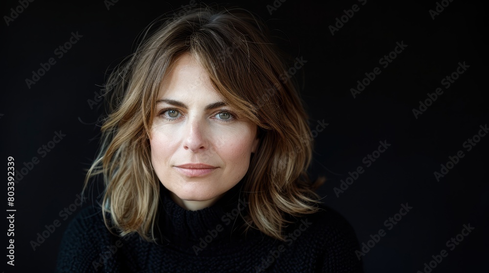 A tight shot of a person in a black shirt and black turtleneck, gaze steady and intense as they confront the camera A tight shot of a person in a black shirt and black turtleneck, gaze steady and intense as they confront the camera