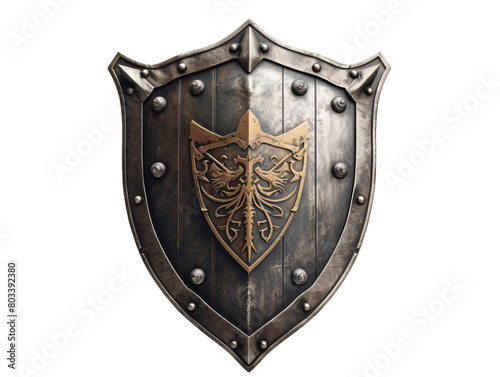 a metal shield with a gold design