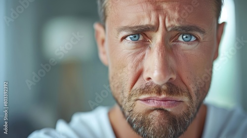  A tight shot of a bearded man with blue eyes intently gazing into the camera with a grave expression