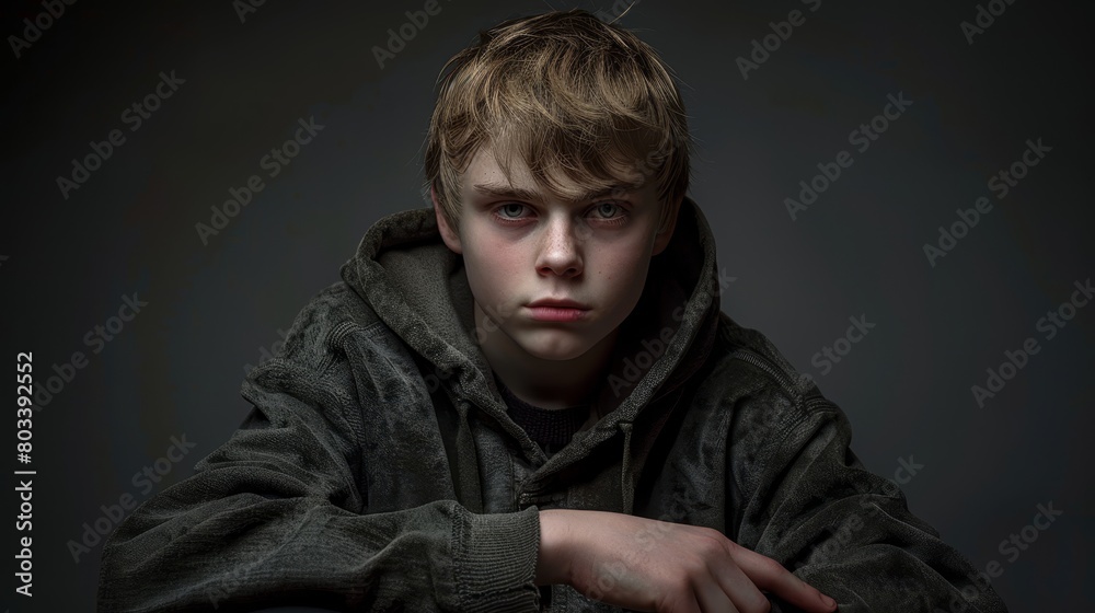 A boy in a hoodie, with a serious expression, gazes into the camera against a dark backdrop A boy in a hoodie, with a serious expression, gazes into the camera against a dark backdrop