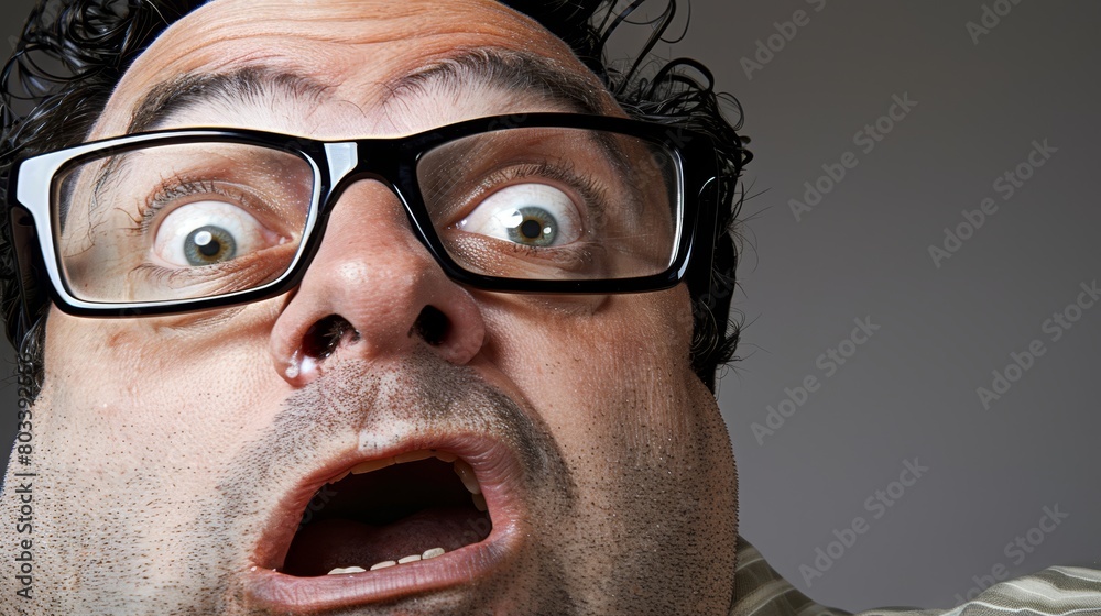 A tight shot of a person in glasses, eyes widened in shock, mouth agape A tight shot of a person in glasses, eyes widened in shock, mouth agape