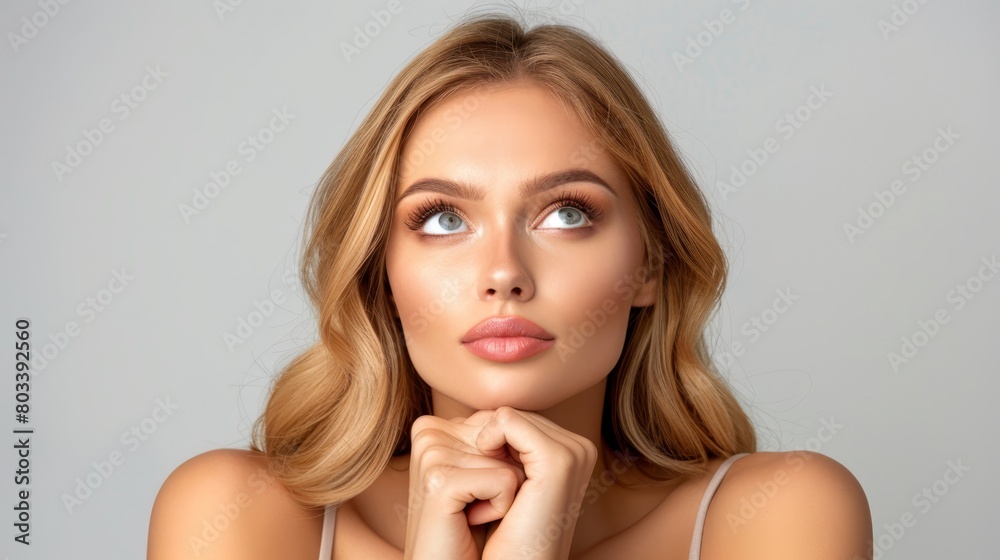 A woman with long blonde hair and blue eyes poses for the camera, one hand resting under her chin, the other supporting it A woman with long blonde hair and blue eyes poses for the camera, one hand resting under her chin, the other supporting it
