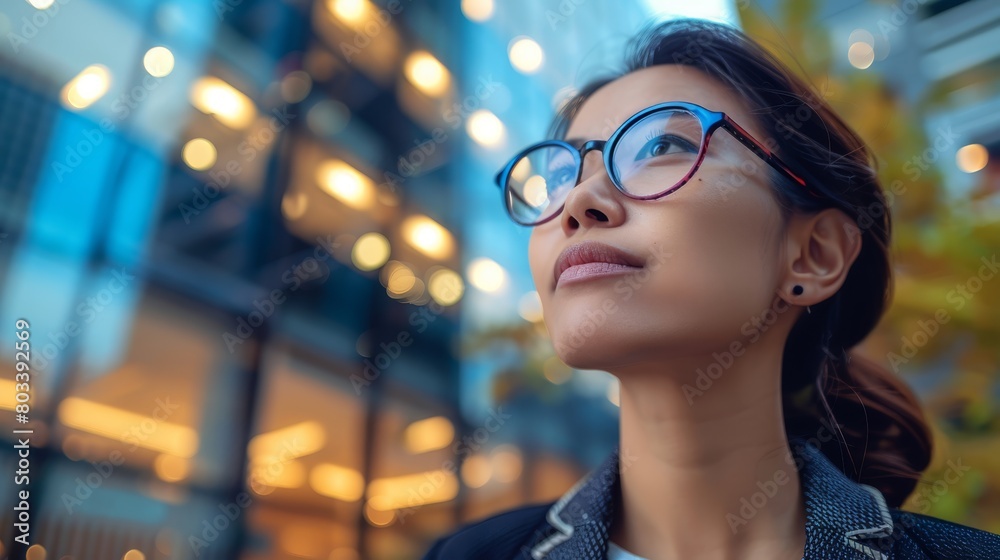   Woman in glasses gazes at night sky, building aglow with numerous lights